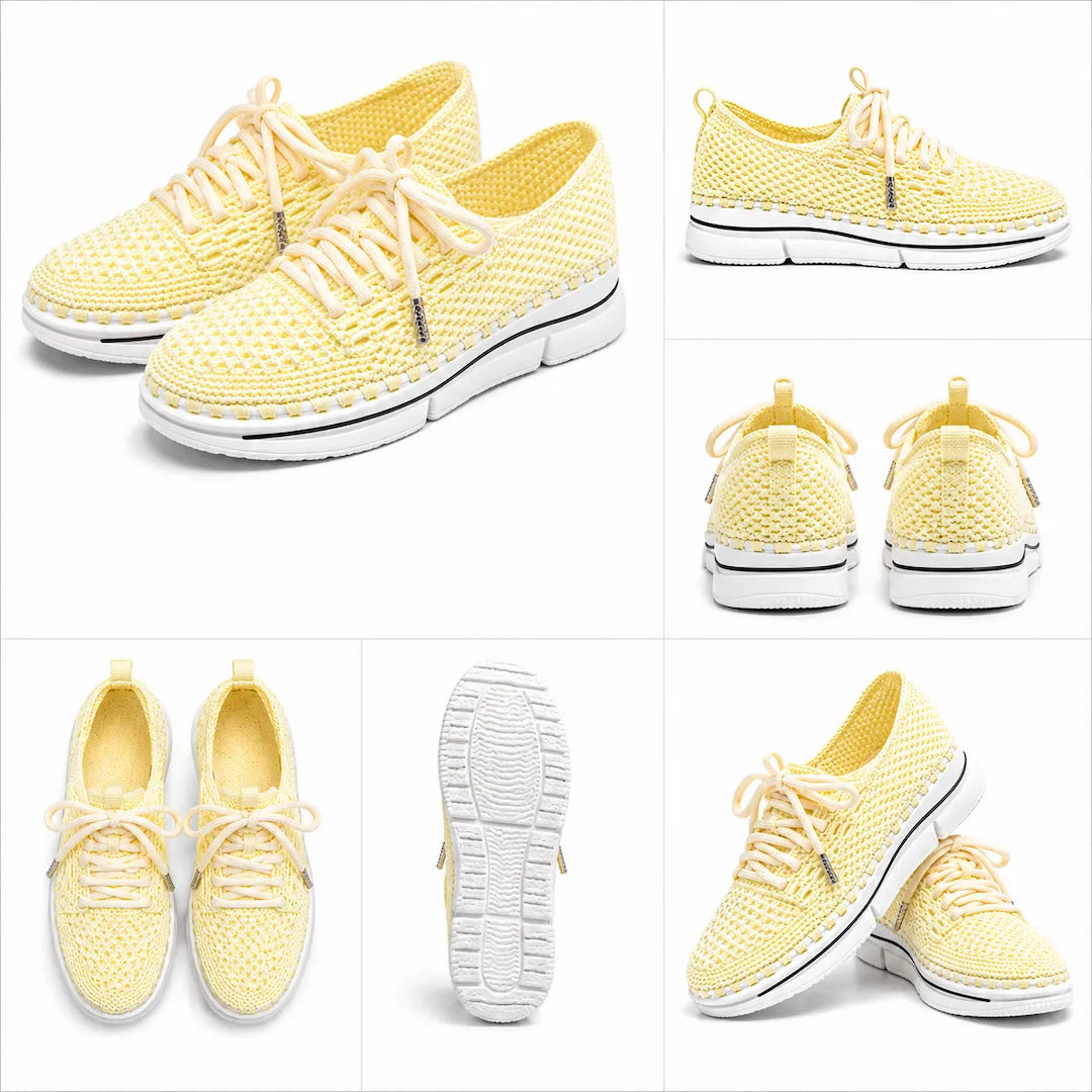 Lemon yellow handmade crochet sneakers shown from multiple angles — open-weave knit platform shoes artisan custom footwear
