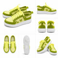 Neon green and cream handmade crochet knit sneakers shown from multiple angles — chunky sole artisan custom shoes
