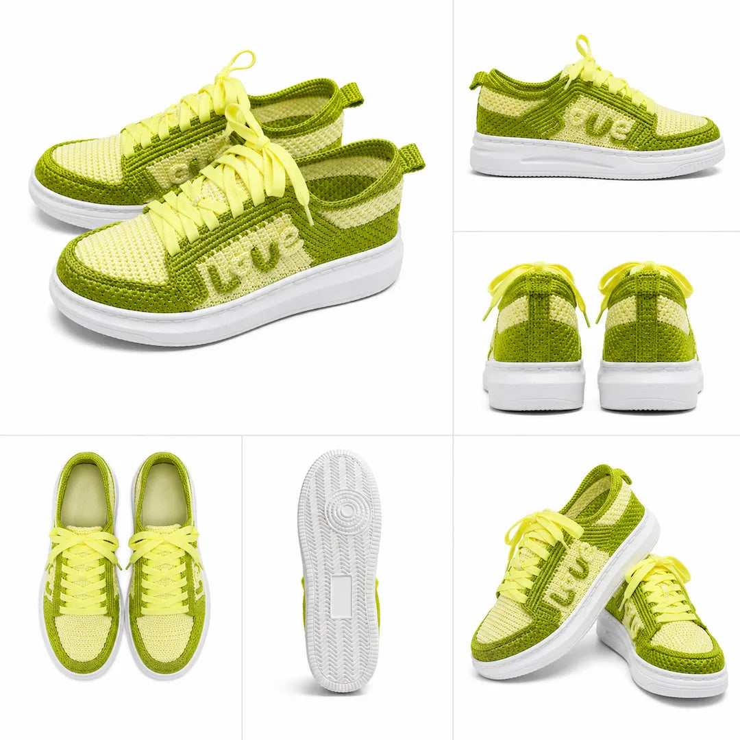 Neon green and cream handmade crochet knit sneakers shown from multiple angles — chunky sole artisan custom shoes
