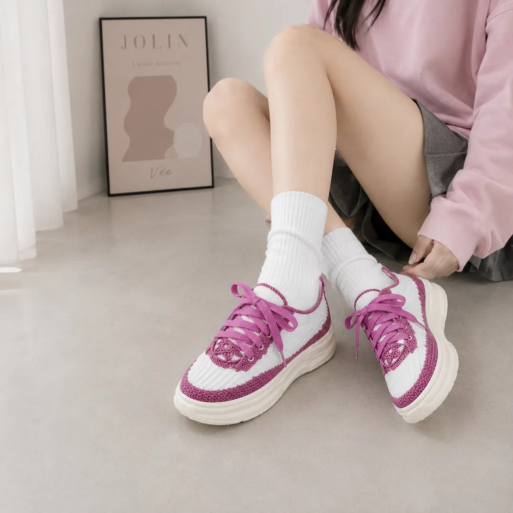Rose pink and white handmade crochet sneakers worn by woman, custom knit shoes by Xiaorong
