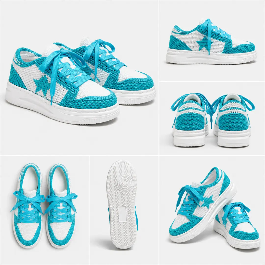 Tiffany blue handmade crochet sneakers multiple angles — knit shoes chunky sole artisan footwear
