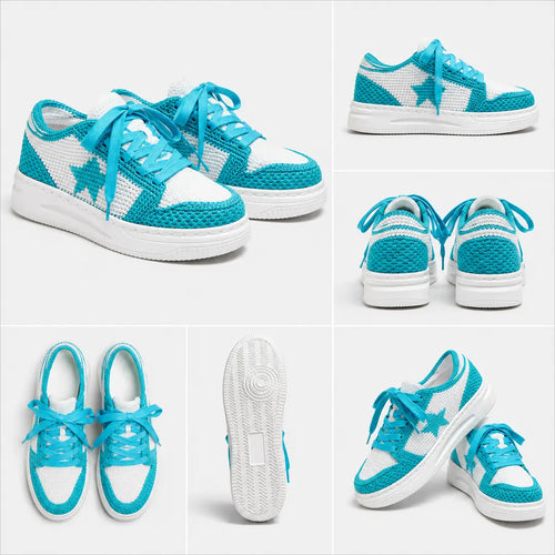 Tiffany blue handmade crochet sneakers multiple angles — knit shoes chunky sole artisan footwear
