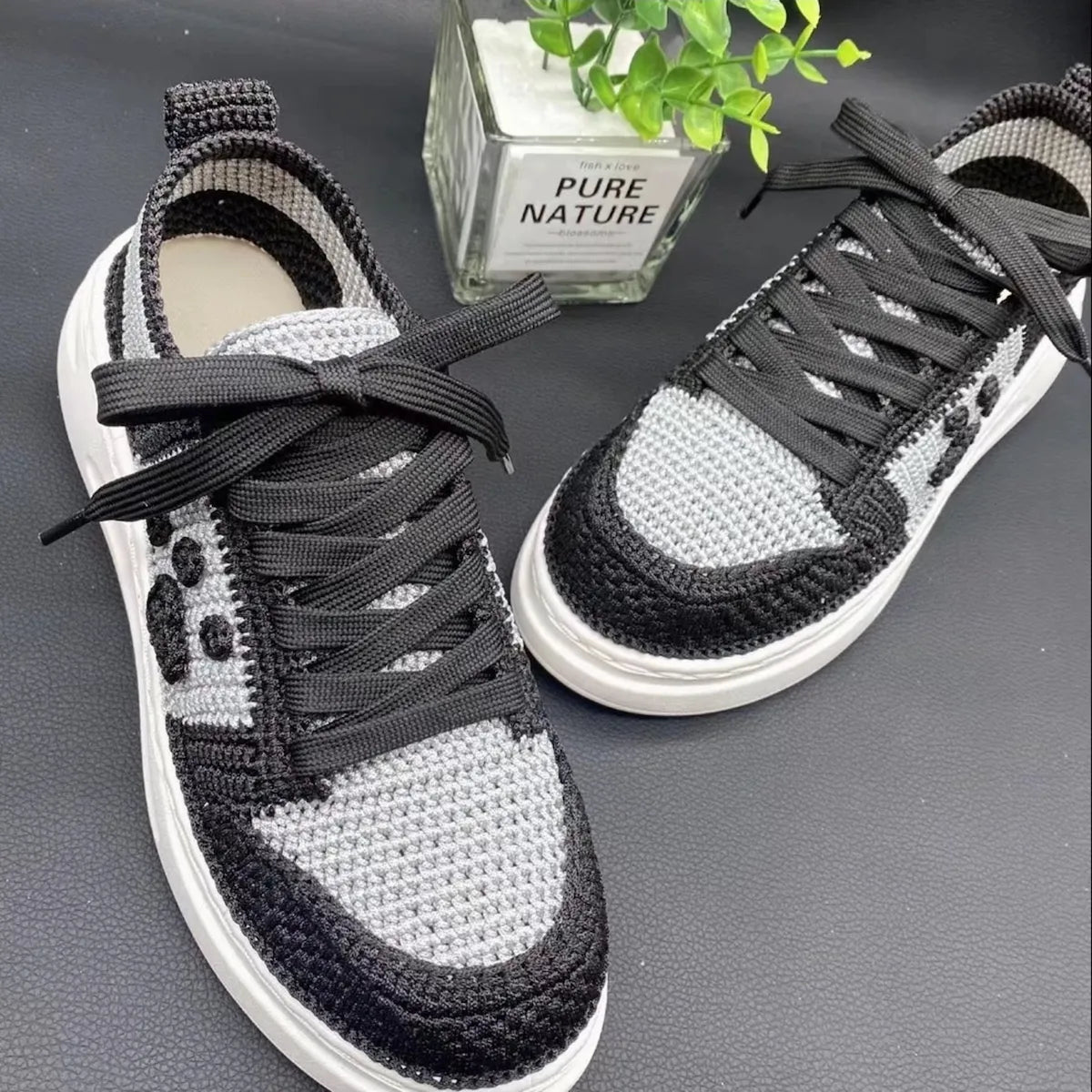 Xiaorong Handmade Black & Silver Knit Sneakers - xiaoronghandmade