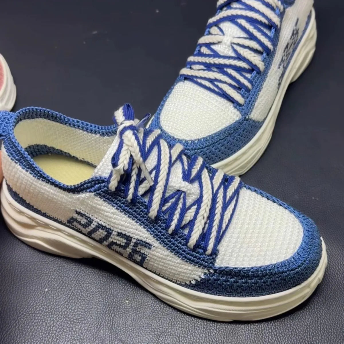Xiaorong Handmade Blue & White Knit Sneakers - xiaoronghandmade