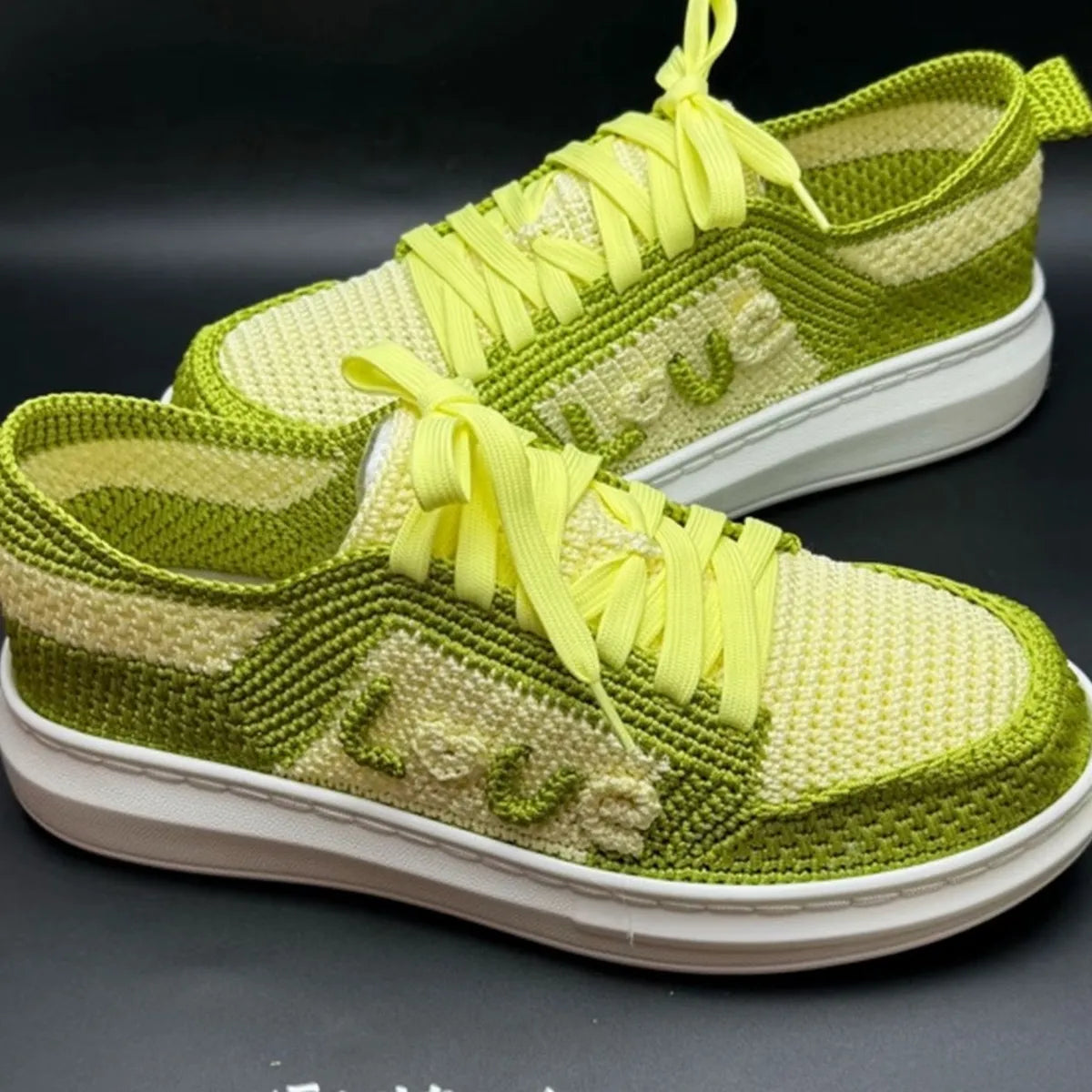 Xiaorong Handmade Neon Green & Cream Knit Sneakers - xiaoronghandmade
