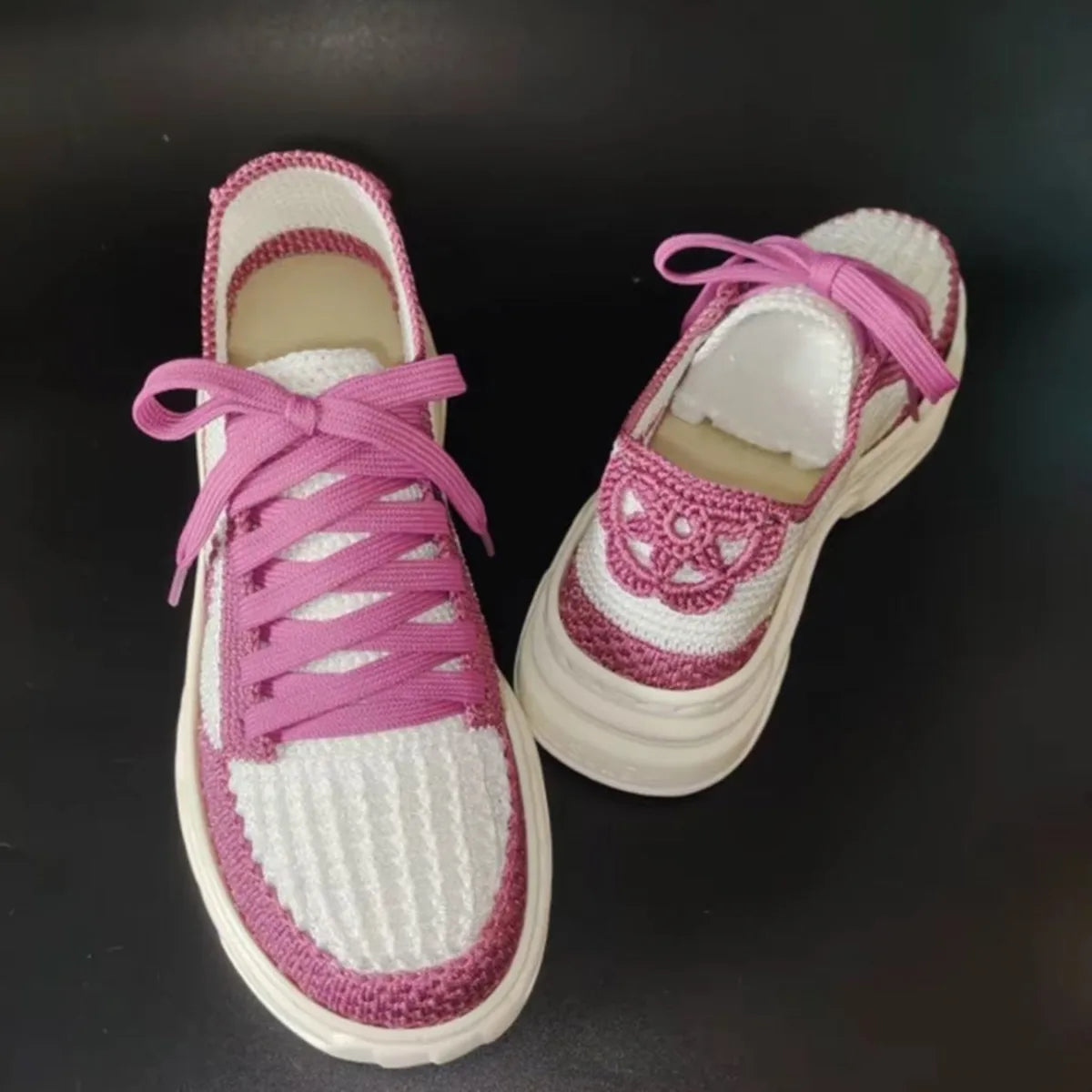 Xiaorong Handmade Rose Pink & White Crochet Sneakers - xiaoronghandmade
